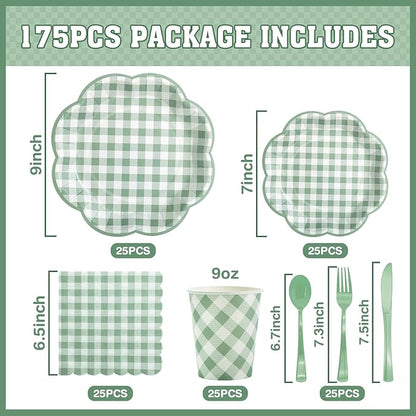Sage green gingham tableware set assortment showing plates, cups, cutlery, and napkins