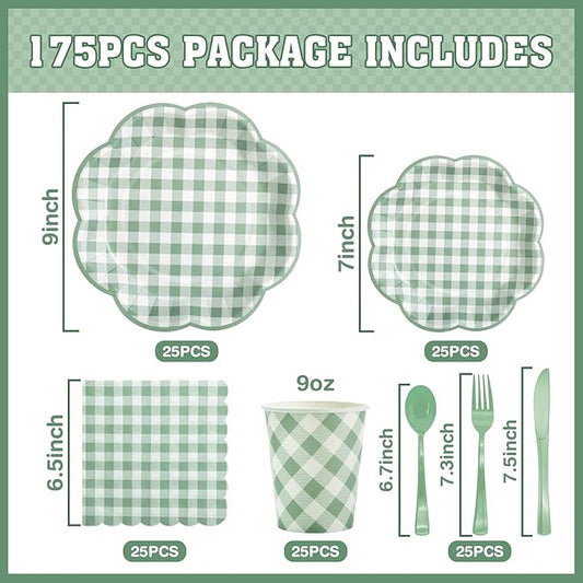 Sage green gingham tableware set assortment showing plates, cups, cutlery, and napkins