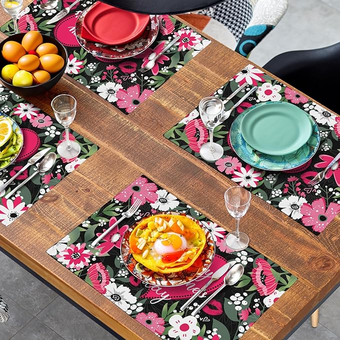 Happy Valentine's Day Floral Love Heart Placemats, Set of 4 – 18 x 12-Inch Cotton Linen Table Mats for Anniversary, Wedding Party, Kitchen & Dining Decor