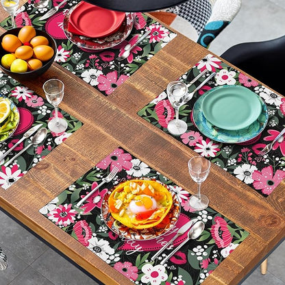 Happy Valentine's Day Floral Love Heart Placemats, Set of 4 – 18 x 12-Inch Cotton Linen Table Mats for Anniversary, Wedding Party, Kitchen & Dining Decor