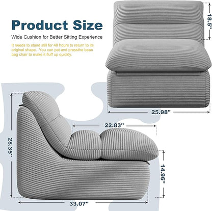 Silver Gray Corduroy Ergonomic Floor Lounge Chair - Structured Memory Foam Seat with Lumbar Support for Scandi Interiors, Nursery, and Reading Nook