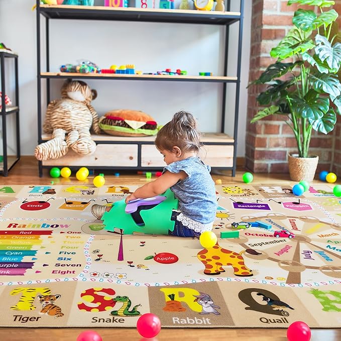 Beige kids rug with large animal names and numbers, plus a month-and-circle learning track.