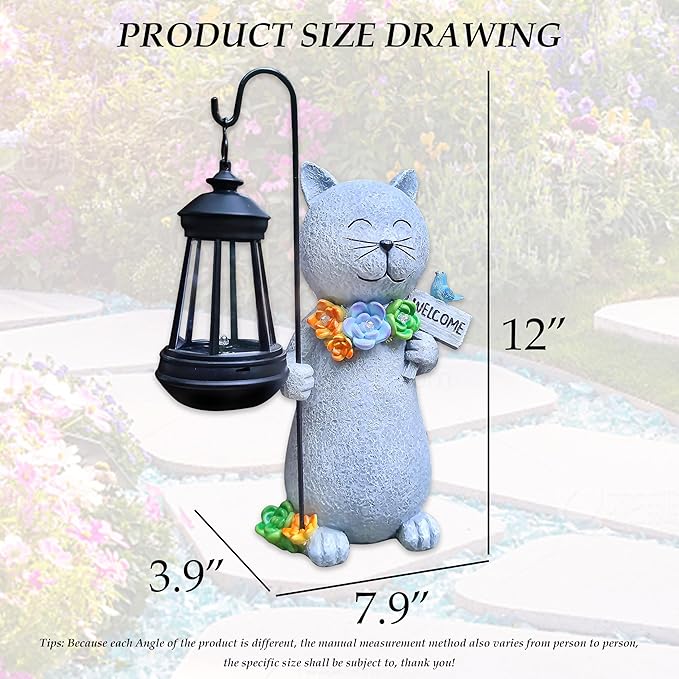 Solar Cat Garden Statue with Lantern and Flowers - 12-Inch UV-Resistant Resin Outdoor Decor