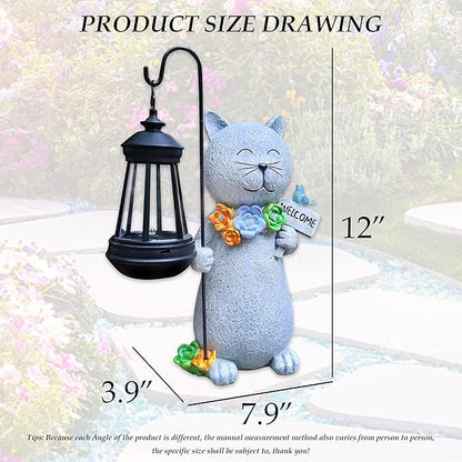 Solar Cat Garden Statue with Lantern and Flowers - 12-Inch UV-Resistant Resin Outdoor Decor