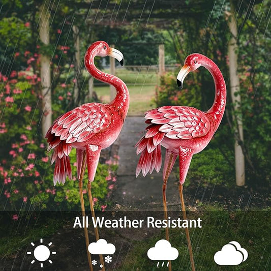 2-Pack Large Metal Flamingo Garden Statues - Weather-Resistant Bird Yard Art