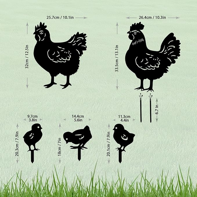Black Chicken Metal Garden Stakes Set of 5 - Weather-Resistant Silhouette Yard Decor for Lawns, Gardens, Patios, Flower Beds, and Chicken Lovers