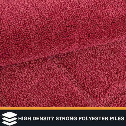 Burgundy red high-density polyester pile runner texture close-up