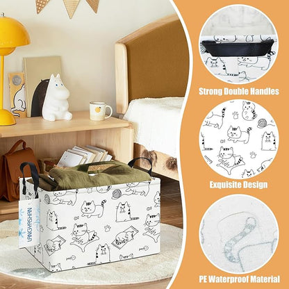 Rectangular canvas storage bin with black-and-white cat pattern and reinforced handles