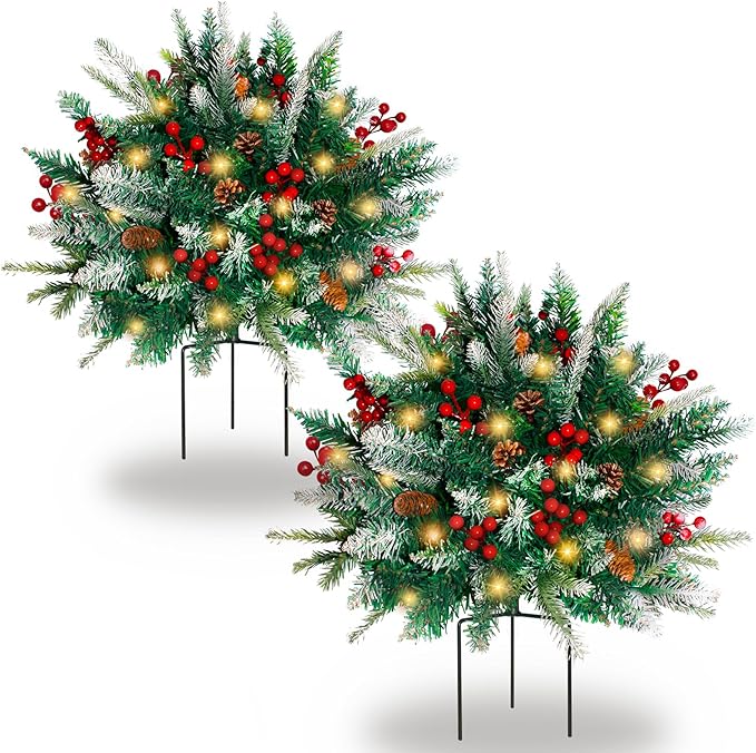 Set of 2 pre-lit artificial pine tree urn fillers with red berries, pine cones, and warm lights