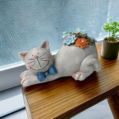 Cat Solar Garden Statue with Succulent and LED Lights - Waterproof Resin Decor
