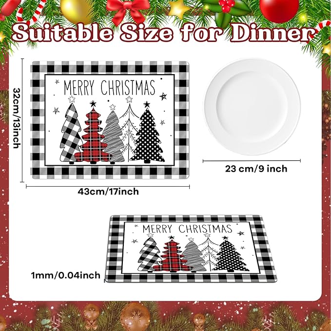 Christmas placemat with buffalo plaid border and black, white, red Christmas tree design