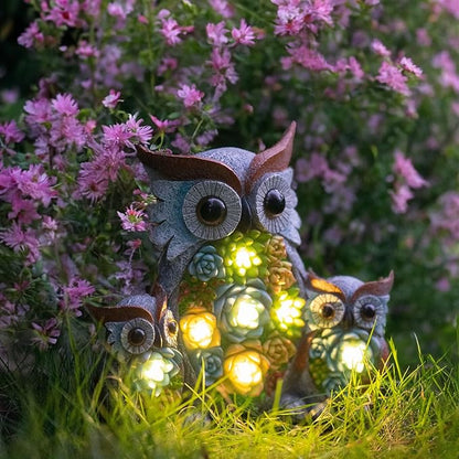 Solar Owl Garden Statue with Succulent LED Lights - IP65 Resin Outdoor Decor