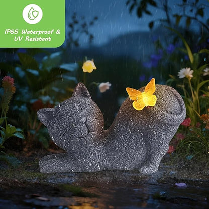 Solar Cat Garden Statue with Glowing Butterfly Tail - IP65 Resin Decor