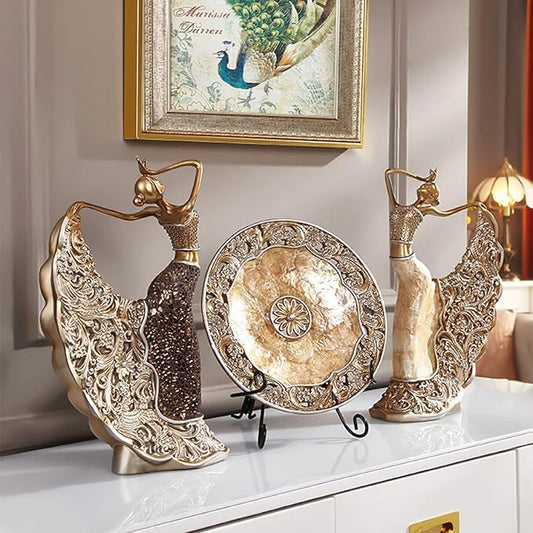 3-piece gold dancer figurine set with round decorative plate and ornate resin skirts