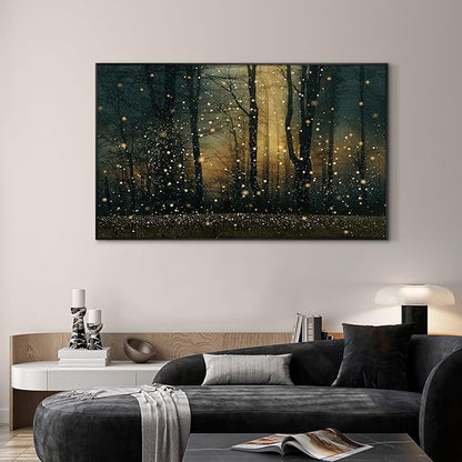 Magical Firefly Forest at Twilight Framed Wall Art – Extra Large 30"x60" Enchanted Nature Scene | Statement Home Decor for Living Room & Bedroom