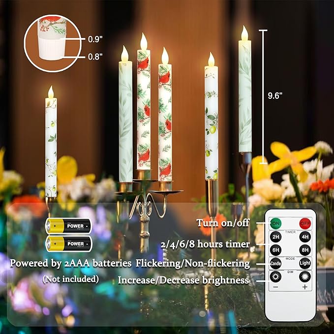 LED taper candles with remote control, white cardinal-and-leaf print, warm flame effect.