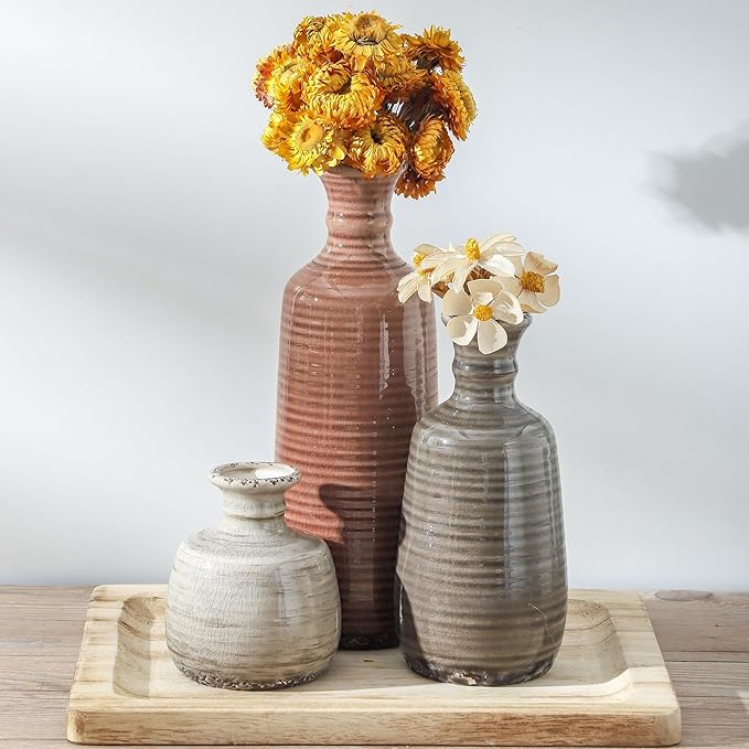 Set of 3 terracotta and stone-gray ceramic cylindrical vases with fluted texture