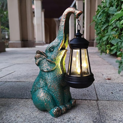 Solar Elephant Garden Statue Holding Lantern - Resin Outdoor Decor Good Luck Gift