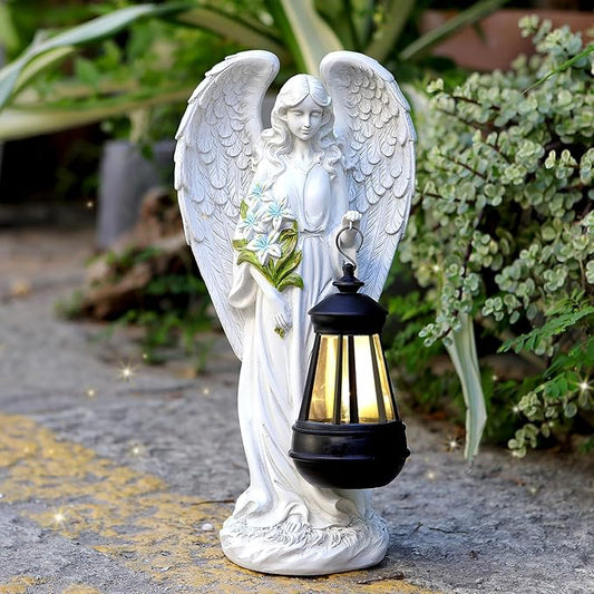 White Angel Solar Garden Statue with Watering-Effect Detail - 13.2-Inch Resin Decor
