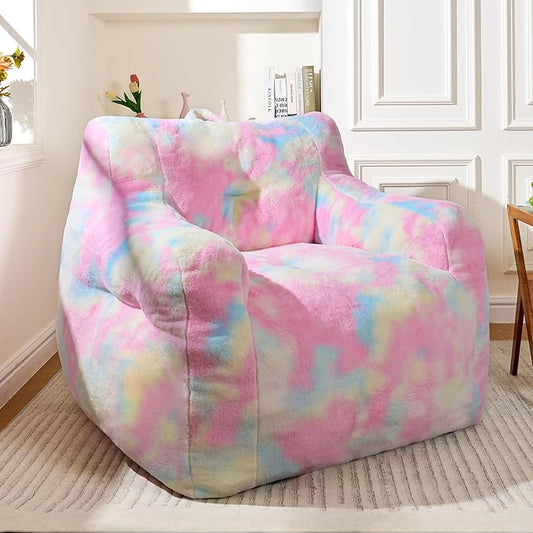 Rainbow Faux Fur Memory Foam Bean Bag Chair with Armrests - Unicorn Plush Lounger for Girls, Kids, Family, and Pets