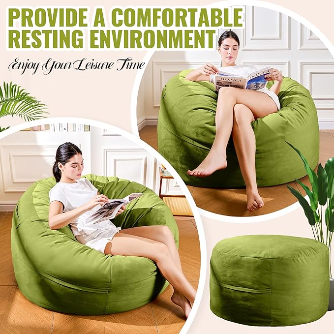 4ft Fern Green Velvet Bean Bag Chair - Soft Sponge Fill Lounger for Nature-Inspired Rooms, Family Reading, and Gaming