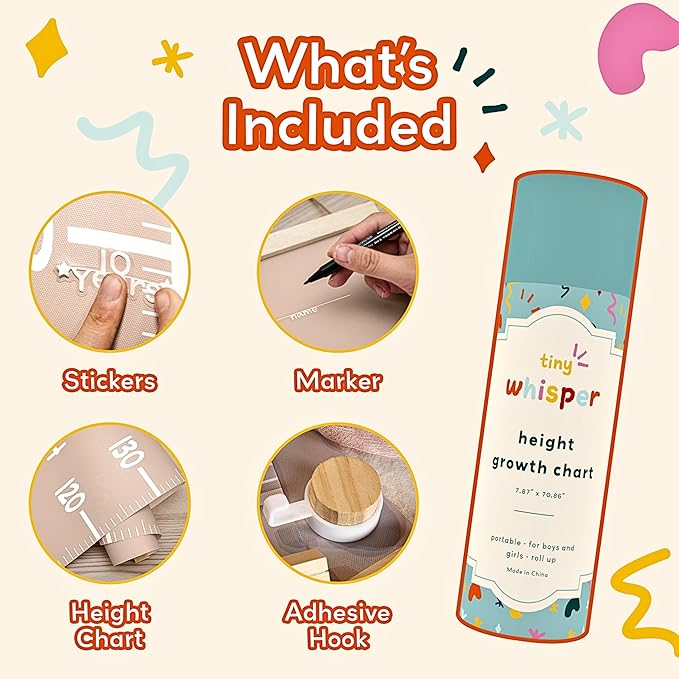 Height chart kit items: stickers, marker, adhesive hook, and hanging growth chart