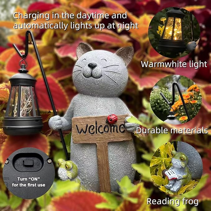 Cat Solar Garden Statue with Lantern and Welcome Sign - IP44 Resin Decor