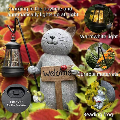 Cat Solar Garden Statue with Lantern and Welcome Sign - IP44 Resin Decor