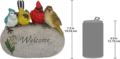 Birdy Welcome Garden Stone Statue with 4 Birds - Indoor and Outdoor Entryway Decor