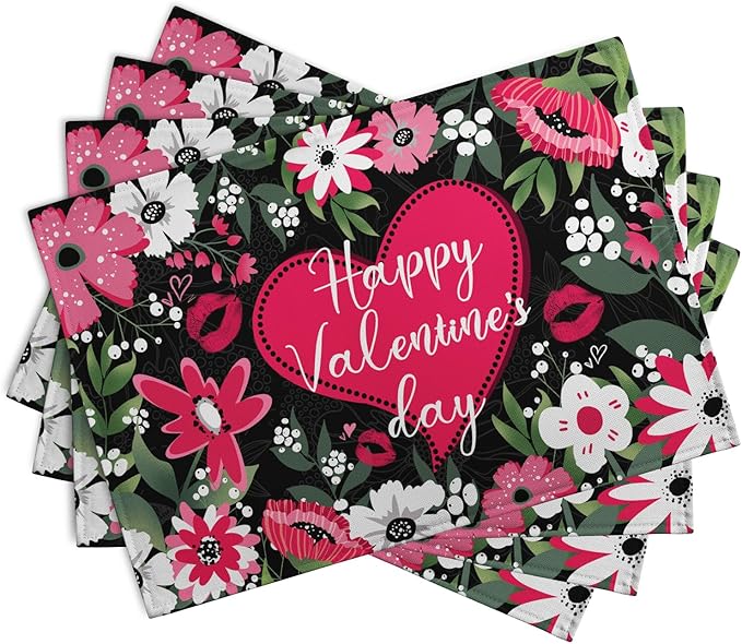 Happy Valentine's Day Floral Love Heart Placemats, Set of 4 – 18 x 12-Inch Cotton Linen Table Mats for Anniversary, Wedding Party, Kitchen & Dining Decor