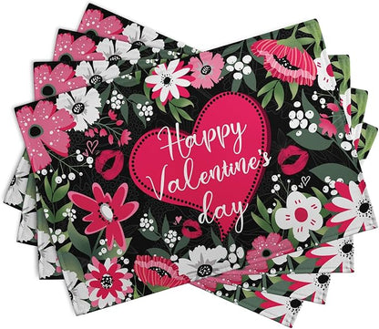 Happy Valentine's Day Floral Love Heart Placemats, Set of 4 – 18 x 12-Inch Cotton Linen Table Mats for Anniversary, Wedding Party, Kitchen & Dining Decor