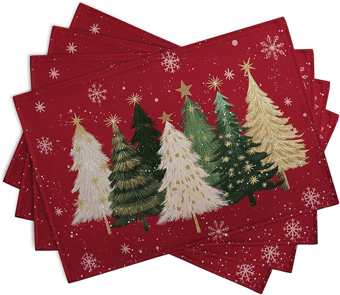 Red Christmas placemats set with layered fir trees and snowflakes, rectangular