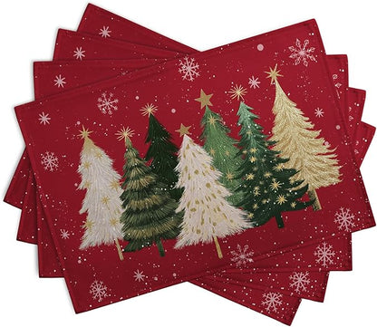 Red Christmas placemats set with layered fir trees and snowflakes, rectangular