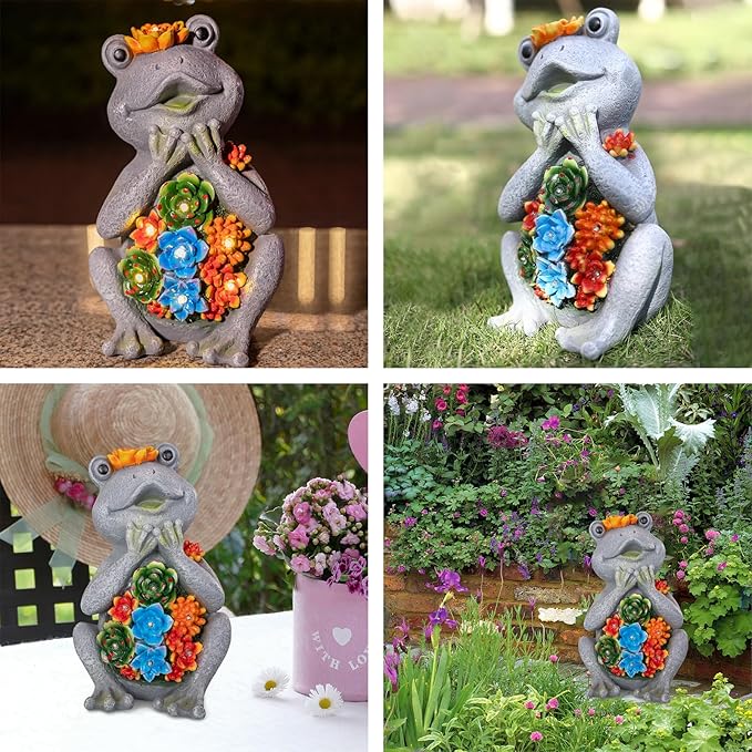 Solar Frog Garden Statue with 8 LED Lights and Succulent Planter Design