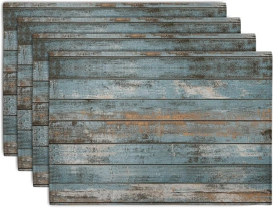 Set of 4 rectangular placemats with blue distressed wood-grain print