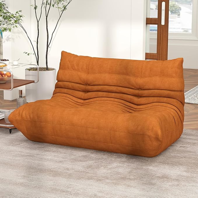 Amber Orange Ripple Loveseat Floor Sofa - Togo-Style Foam Lounge Sofa for Bold Living Rooms, Boho Interiors, and Family Moments Worth Remembering