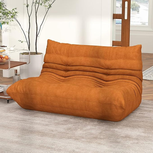 Amber Orange Ripple Loveseat Floor Sofa - Togo-Style Foam Lounge Sofa for Bold Living Rooms, Boho Interiors, and Family Moments Worth Remembering