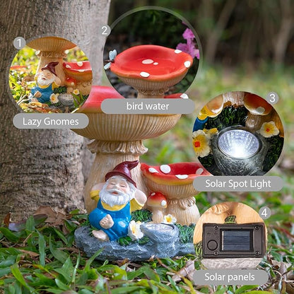 TIJNN Solar Gnome Statue with LED Lights, Bird Water Feeder Garden Decor for Patio, Lawn, or Home, Mushroom Figurine Outdoor Decoration Garden Gifts