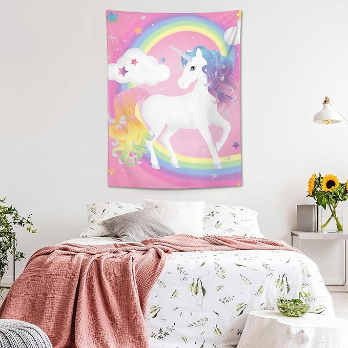 Unicorn rainbow tapestry with rainbow halo, white unicorn, and colorful mane on pink
