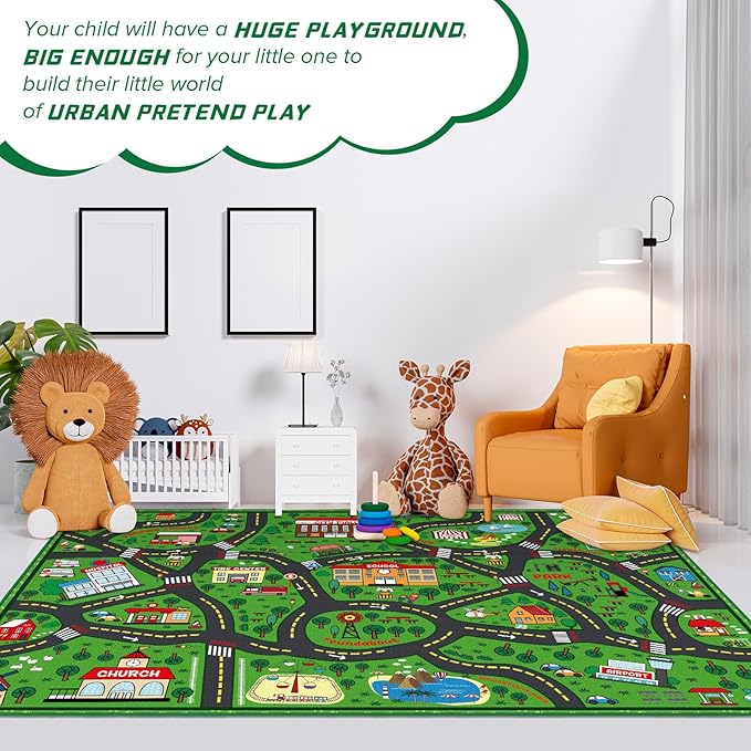 Green city traffic playmat rug laid out in a kids room with winding roads and landmarks