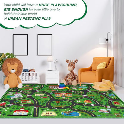 Green city traffic playmat rug laid out in a kids room with winding roads and landmarks