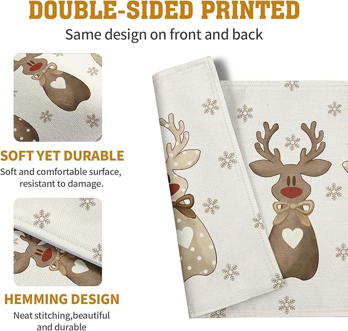 Beige double-sided reindeer placemat with brown elk artwork and gray snowflakes