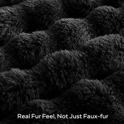 Black Faux Fur Queen Blanket – 90"x90" | 750GSM Wavy Bubble Texture | Elegant Thick Plush Throw for Bed & Couch