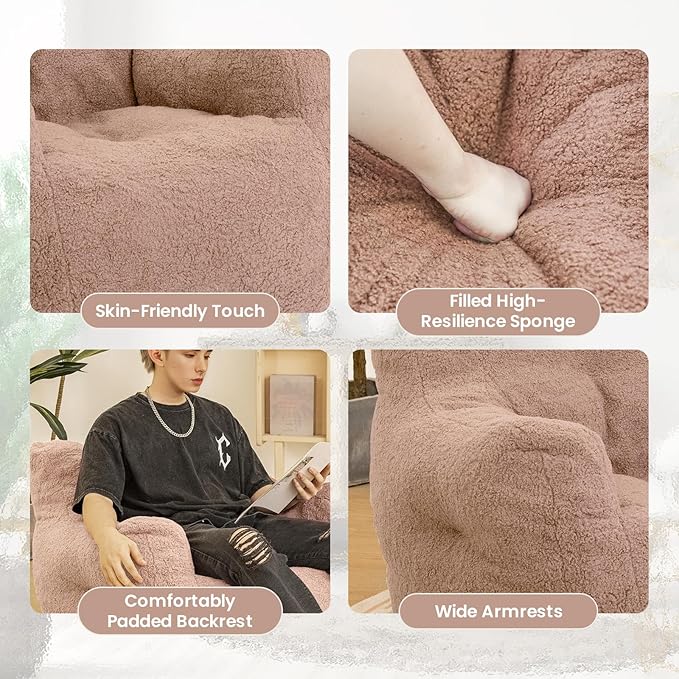Blush Teddy Faux Fur Bean Bag Armchair - Soft Memory Foam Reading Chair for Kids Room, Reading Corner, Nursery, and Toddler Story Time