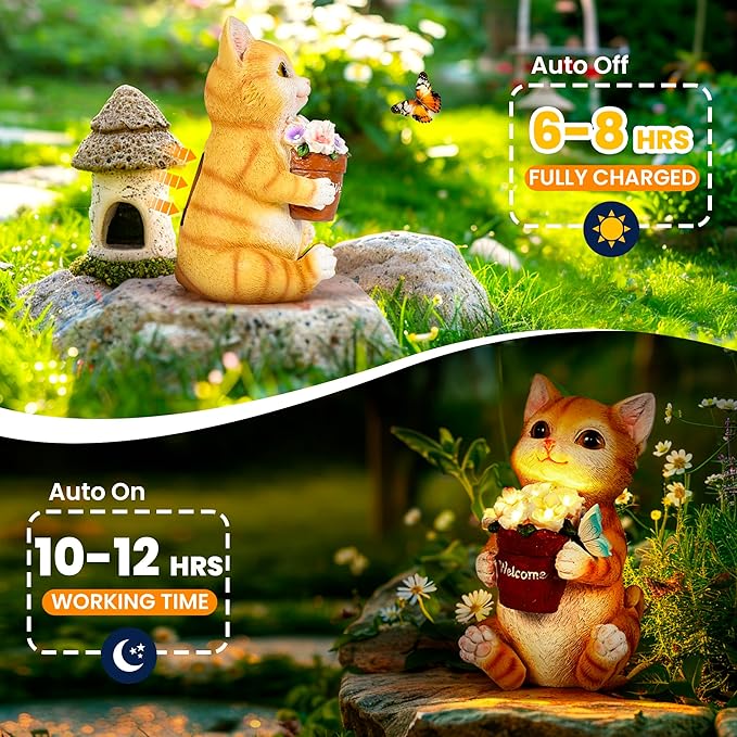 Cat Solar Garden Statue with Flower Pot and 5 LED Lights - Resin Outdoor Decor
