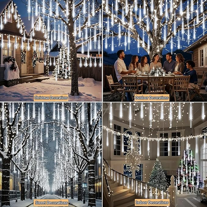 Outdoor icicle string lights over trees and walkway, 24 white tubes.