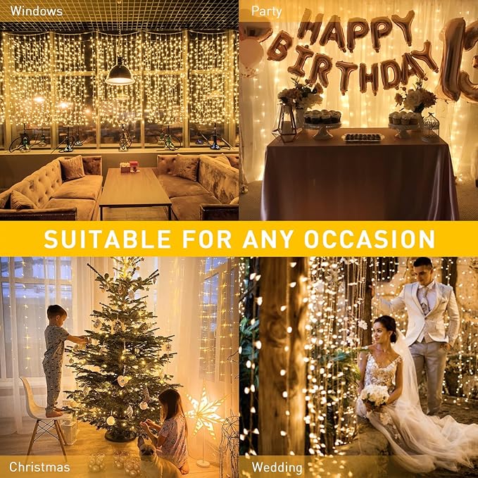 Warm white LED curtain string lights for indoor parties, framing seating and decor backdrop