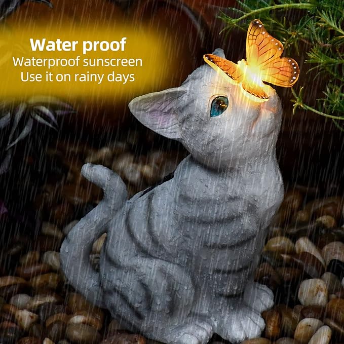 Cat Solar Garden Statue with LED Light - Waterproof Resin Outdoor Decor