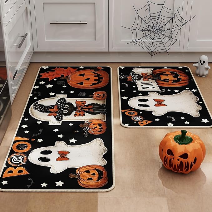 Halloween kitchen rugs, black with ghost, jack-o'-lanterns, bats, BOO and stars