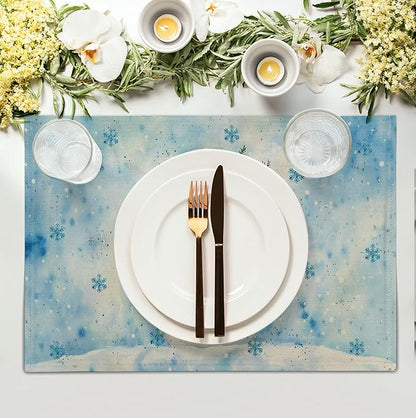 Blue snowman winter placemat with snowflake pattern, rectangular, used under dinner plate.